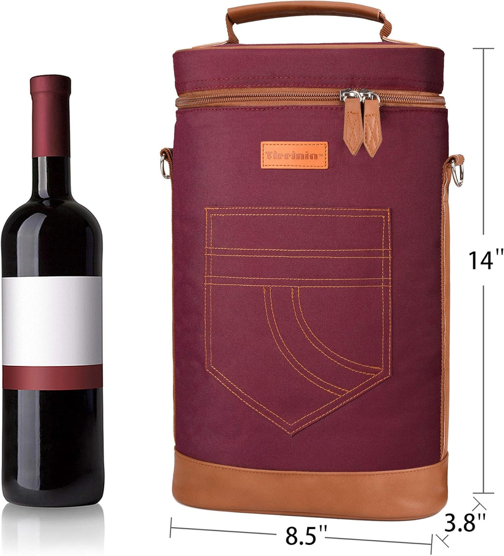Tirrinia 2 Bottle Wine Gift Tote Carrier - Leakproof & Insulated Padded Versatile Wine Cooler Bag for Travel, BYOB Restaurant, Wine Tasting, Party, Dinner, Gift for Wine Lovers, Red