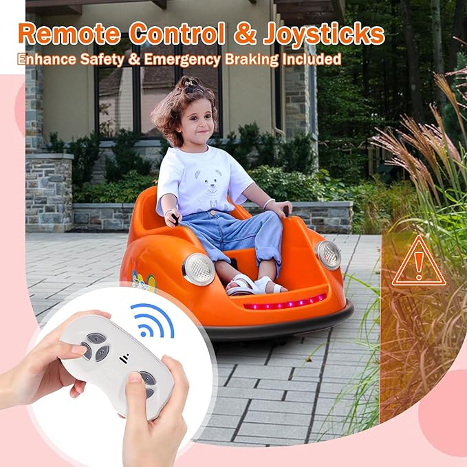 12V Bumper Car for Toddlers, Electric Toy Ride on Battery Car with Kids W/Parent Remote Control, 2-Speed, 360 Degree Spin, Music & LED Lights for Kids, Orange-BubblyBeeBaby