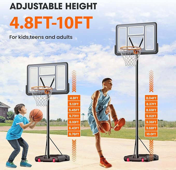 IGL Portable Basketball Hoop, 5.6-10FT Adjustable Basketball Goal System, 44 Inch Outdoor Basketball Hoop & Goals for Kids, Youth, and Adults in The Backyard, Driveway with PC Backboard-BubblyBeeBaby