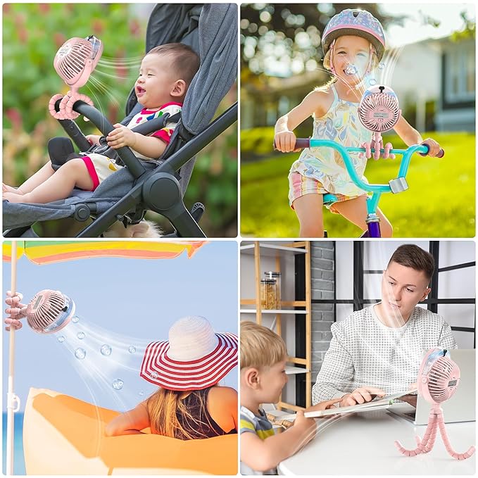 2025 Upgarded 4000mAh Misting Baby Stroller Fan, Rechargeable Battery Operated,Max 15Hrs Cooling,50ml Portable Water Sprayer Misting Fan with Flexible Tripod Clip on Car Seat Crib Treadmill Bunk Bed-BubblyBeeBaby