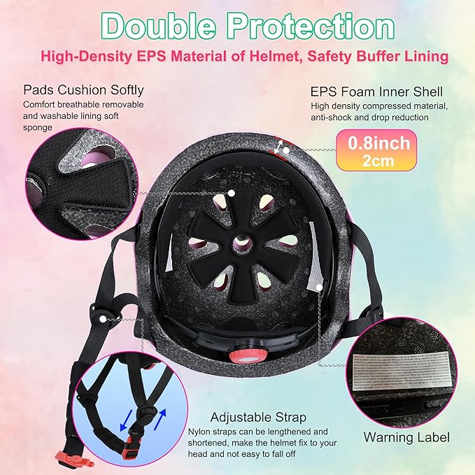 Kids Bike Helmet with DIY Stickers and Knee Pads Elbow Pads Wrist Guard Set for Ages 3-8-14 Toddler Boys Girls Helmet for Roller Skates Cycling Skateboarding Bicycle Scooter-BubblyBeeBaby