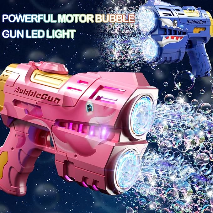 2 Pack Bubble Guns for Kids, LED Light Up Rechargeable Bubbles Machine Blower with 4 Bottles Refill Solution, Toddlers 4-8 Wedding Birthday Easter Party Gift-BubblyBeeBaby