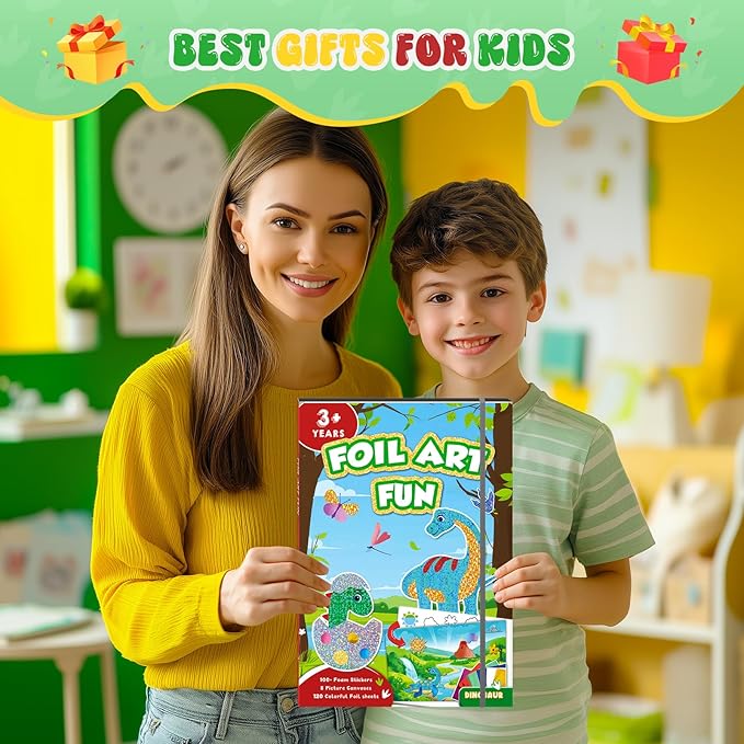 homicozy Art & Craft Activity for Kids-Foil Fun Dinosaur,No Mess Art Crafts for Girls,DIY Foil Foam Stickers,Creative Activity Kits,Kids Travel Toys,Gifts for Girls & Boys Ages 4-10-BubblyBeeBaby
