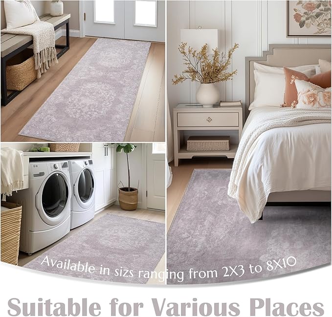 jinchan Vintage Floral Runner Rug 2x7 - Machine Washable Distressed Design Non-Slip Low-Pile Soft Thin Carpet for Hallway Kitchen Farmhouse Bedroom Entryway Laundry Room (2x7ft,Orchid)-BubblyBeeBaby