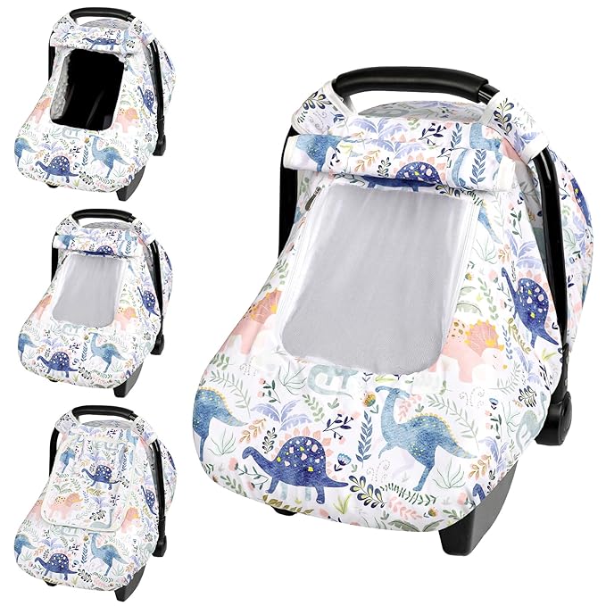 Pea Pod Car Seat Cover Baby Boy, Infant Car Seat Canopy Covers for Newborn with 2 Layers Windows of Breathable Mesh Fabric, Lightweight Polyester/Soft Minky Dot Backing-BubblyBeeBaby