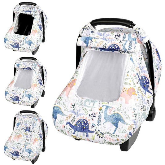 Pea Pod Car Seat Cover Baby Boy, Infant Car Seat Canopy Covers for Newborn with 2 Layers Windows of Breathable Mesh Fabric, Lightweight Polyester/Soft Minky Dot Backing-BubblyBeeBaby
