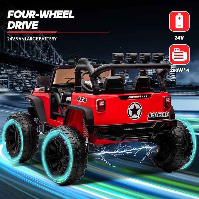 24V 9Ah Ride on Toy for Big Kids, 4WD 2 Seater Ride on Car Truck with Remote Control, 4x200W Motor - Red-BubblyBeeBaby