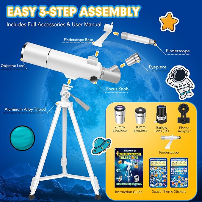 Hawkko Telescope for Adults & Kids – 80mm Aperture 500mm Telescopes for Adults Astronomy, (20X-150X) Portable Refractor Telescope Kit for Beginners with Decorate Stickers, AZ Tripod, Phone Adapter-BubblyBeeBaby