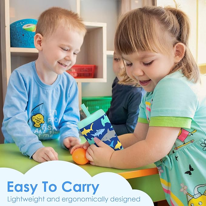 Kid Insulated Stainless Steel Tumbler with Silicone Straw, 12oz Sippy Cup for Kids (Sharks)-BubblyBeeBaby