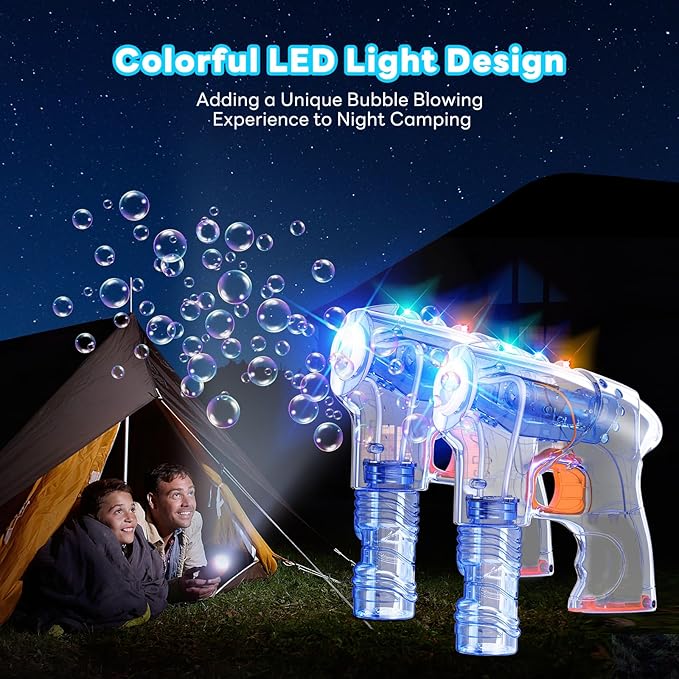 Kid Odyssey 2 Pack Bubble Gun with 4 Refill Solution and 3 Colorful LED Light, Bubble Machine for Kids, Bubble Maker for Party Favors, Birthday Gift, Indoor Outdoor Toys for Toddlers-BubblyBeeBaby