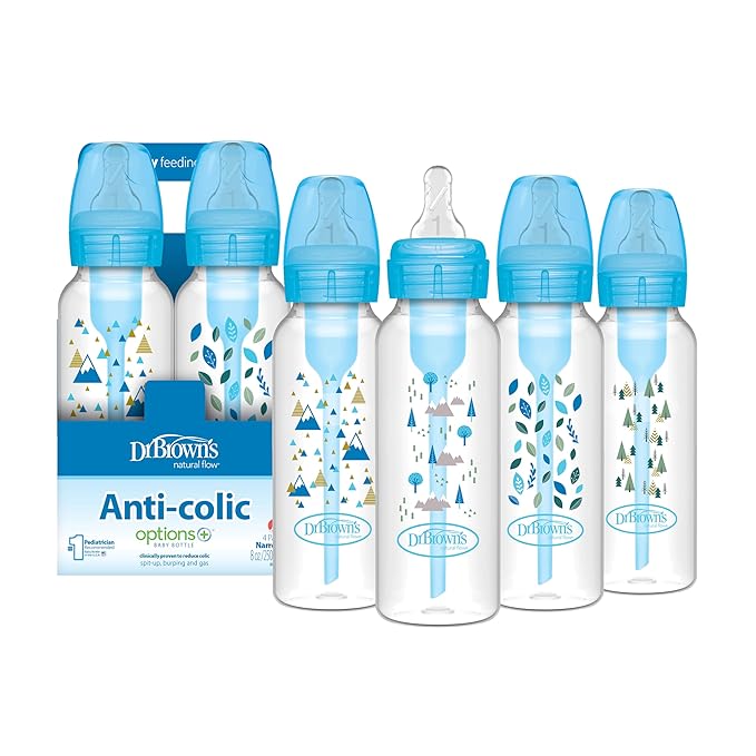 Dr. Brown's Natural Flow Anti-Colic Options+ Narrow Baby Bottle, Blue Nature, 8 oz/250 mL, with Level 1 Slow Flow Nipples, 0m+, 4 Pack-BubblyBeeBaby