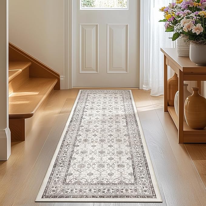 jinchan Runner Rug 2x6 - Machine Washable Beige Vintage Floral Distressed Design Soft Non-Slip Low-Pile Ultra-Thin Runner Rug for Kitchen Hallway Laundry Room Entryway Farmhouse (2‘x6',Beige)-BubblyBeeBaby
