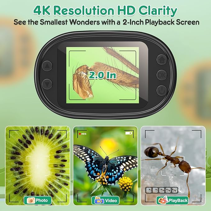 1000X Handheld Microscope for Kids 4K 2.0" Screen Rechargeable Mini Pocket Digital Microscopes w/Slides Kit Portable Edu Gift Age 4-6 8-12 Children Students (Green)-BubblyBeeBaby