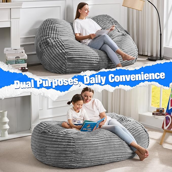 Hobestluk 4FT Bean Bag Chairs Adult Bean Bag with Portable Handle Comfy Large Bean Bag Chair with Removable Cover for Living Room Bedroom or Reading Nook (Stripe Grey, 4FT)-BubblyBeeBaby