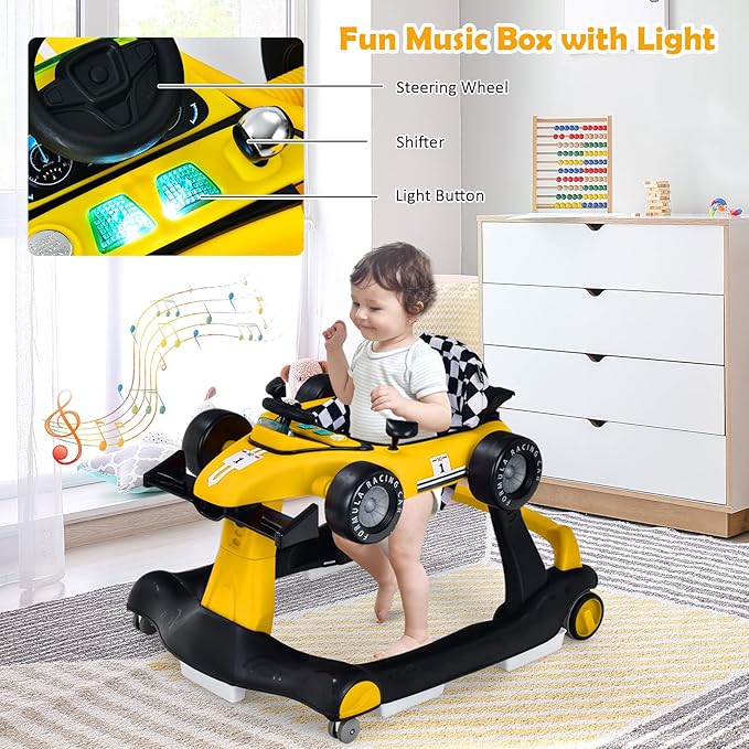 HONEY JOY 4-in-1 Baby Walker, Activity Push Walker w/3 Adjustable Heights, Smooth Wheels w/Adjustable Speed, Padded Seat, Music & Light, Foldable Car Walker for Baby Boys Girls Age 6 Months+ (Yellow)-BubblyBeeBaby