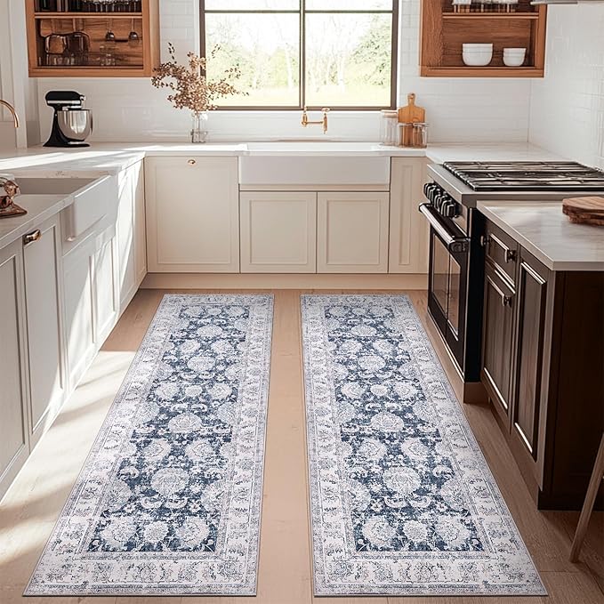 jinchan Runner Rug 3x10-2pcs Kitchen Washable Vintage Hallway Rug Floral Print Floor Cover Indoor Thin Retro Mat Accent for Bathroom Laundry Room Bedroom Office Farmhouse (Double,Dark Blue)-BubblyBeeBaby