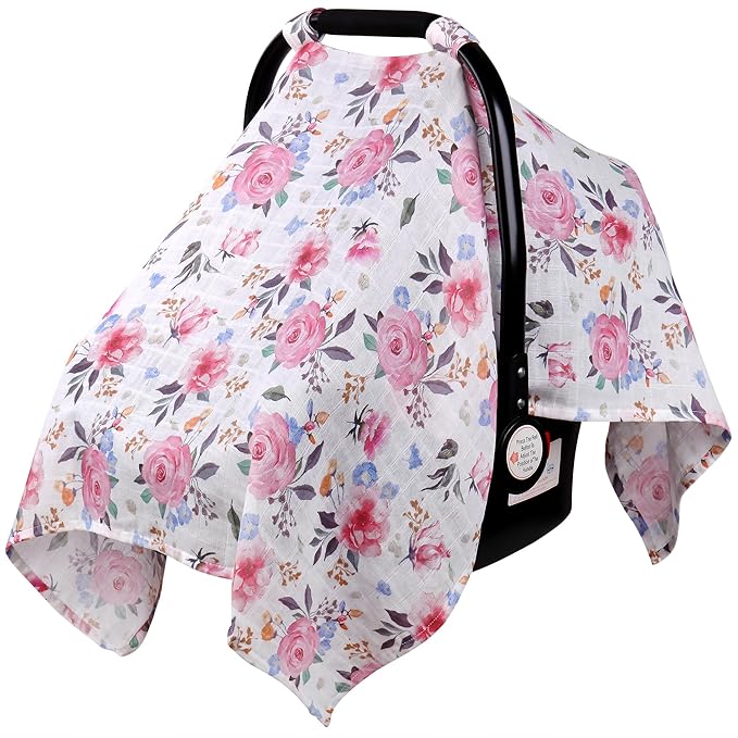 Rquite Muslin Car Seat Cover Baby, Carseat Covers Baby Girl Boy, Breathable Lightweight Infant Car Seat Cover, Baby Carrier Cover Car Seat Canopy Stroller Sun Shade for Summer & Hot Day, Universal Fit-BubblyBeeBaby