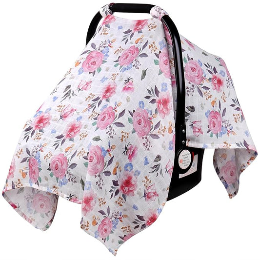 Rquite Muslin Car Seat Cover Baby, Carseat Covers Baby Girl Boy, Breathable Lightweight Infant Car Seat Cover, Baby Carrier Cover Car Seat Canopy Stroller Sun Shade for Summer & Hot Day, Universal Fit-BubblyBeeBaby