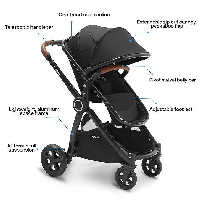 Mompush Ultimate 2 Baby Stroller for Infant and Toddler with Newborn Mode and Reversible Seat, All-Terrain Stroller with All-Wheel Suspension, Includes Car Seat Adapter and Large Storage Basket-BubblyBeeBaby
