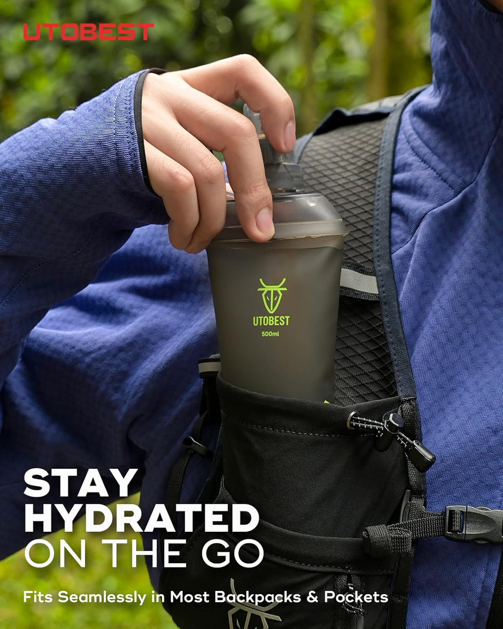 UTOBEST 500ml Soft Flask, 2 Pack Flexible TPU Hydration Water Bottle, Collapsible with 28mm Caliber for Running, Hiking, Cycling, Climbing, and Marathon Green