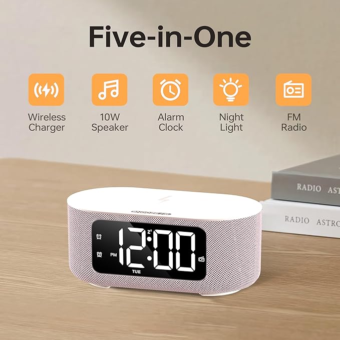JALL Fabric Alarm Clock for Bedroom, with Big Led Screen Display, Bluetooth Stereo Sound Speaker, FM Radio, Fast Wireless Charging, USB Charging Port, Nightlight, White Noise, Ideal for Gift, Pink-BubblyBeeBaby