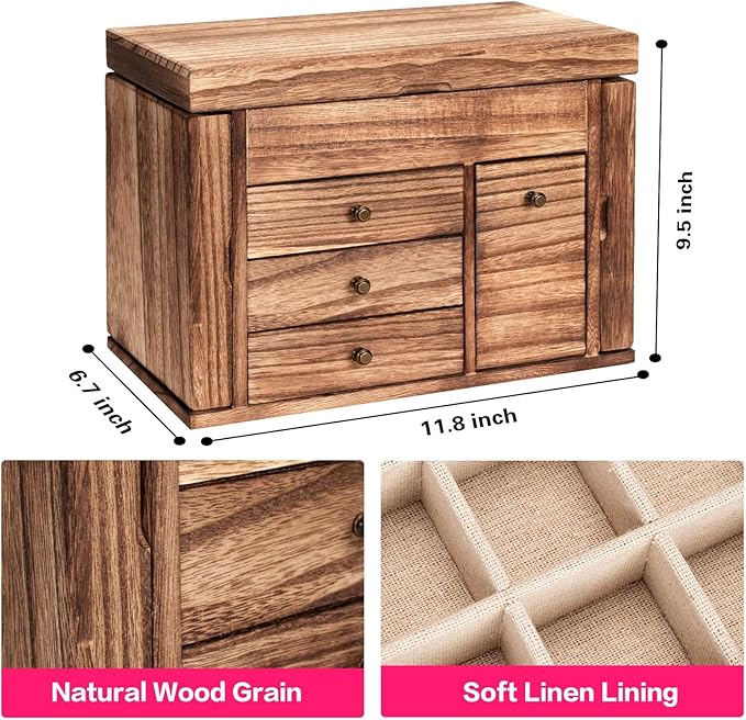 Jewelry Box Organizer, Solid Wood Jewelry Boxes for Women for Storage & Display Necklace Ring Earring Bracelet, Rustic Style Jewelry Organizer Box for Women Gifts (Carbonized Brown)-BubblyBeeBaby