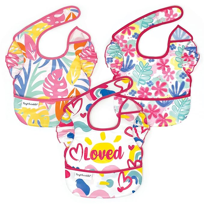 Tiny Twinkle Mess Proof Baby Bibs for Eating - Waterproof, Wipeable Bibs - Toddler Bibs - Travel Friendly - PFAS, PVC, BPA, Phthalate Free - Baby Food Bibs(3 Pack, Loved Girl)-BubblyBeeBaby