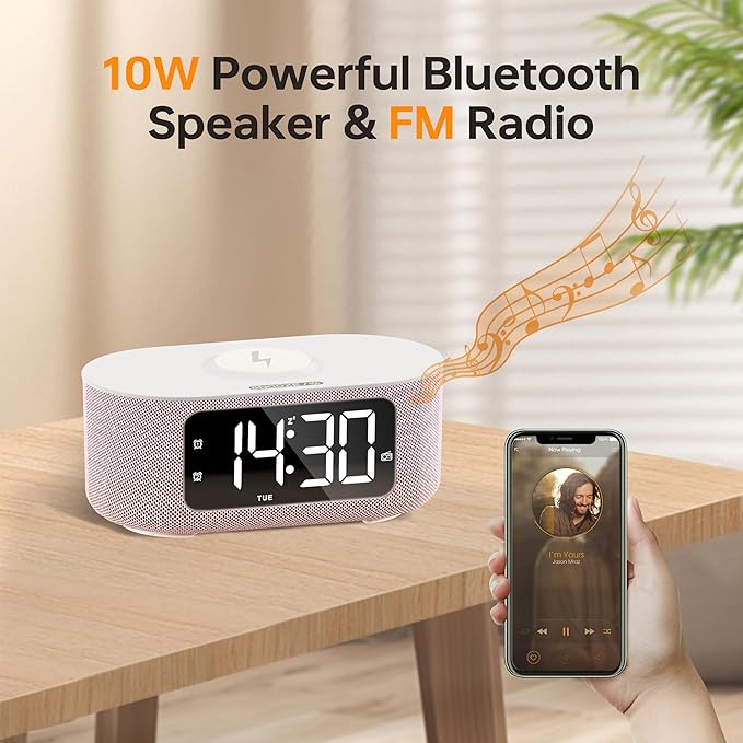 JALL Fabric Alarm Clock for Bedroom, with Big Led Screen Display, Bluetooth Stereo Sound Speaker, FM Radio, Fast Wireless Charging, USB Charging Port, Nightlight, White Noise, Ideal for Gift, Pink-BubblyBeeBaby