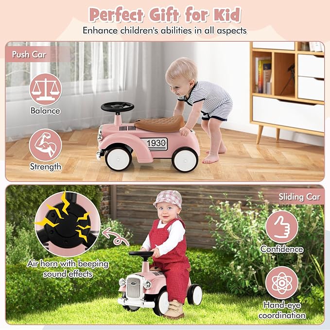 HONEY JOY Ride On Push Car, Outdoor Toddler Riding Toys w/Steering Wheel, Horn & Storage, Foot-to-Floor Sliding Car, No Batteries, Retro Baby Ride On Toys for Boys and Girls (Pink)-BubblyBeeBaby