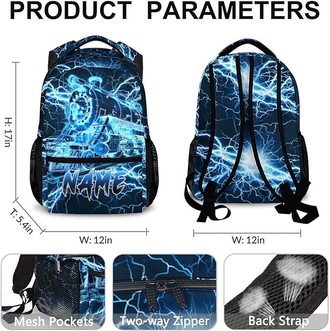 Kids Backpack for Boys, Personalized Train Schoolbag Casual Bag for Primary Senior Middle, 17 Inch Lightweight Durable Custom Lightning Backpacks, Cool Back to School Gift-BubblyBeeBaby