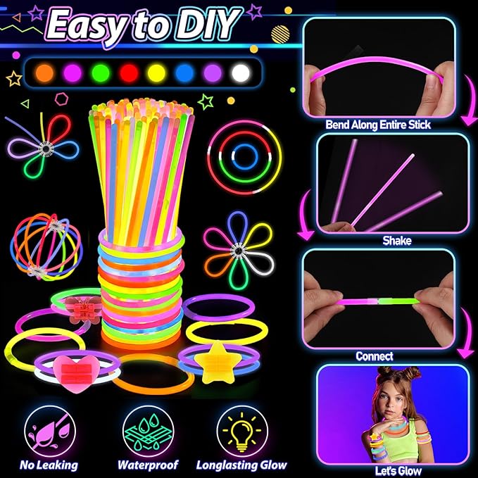 112PCS Glow in the Dark Party Supplies for Kids Adults, Light Up Party Favors with Light Up Glasses, 50 Glow Sticks Bulk Pack for DIY Bracelets Necklaces, Neon Party Supplie Decorations for Hallowee-BubblyBeeBaby