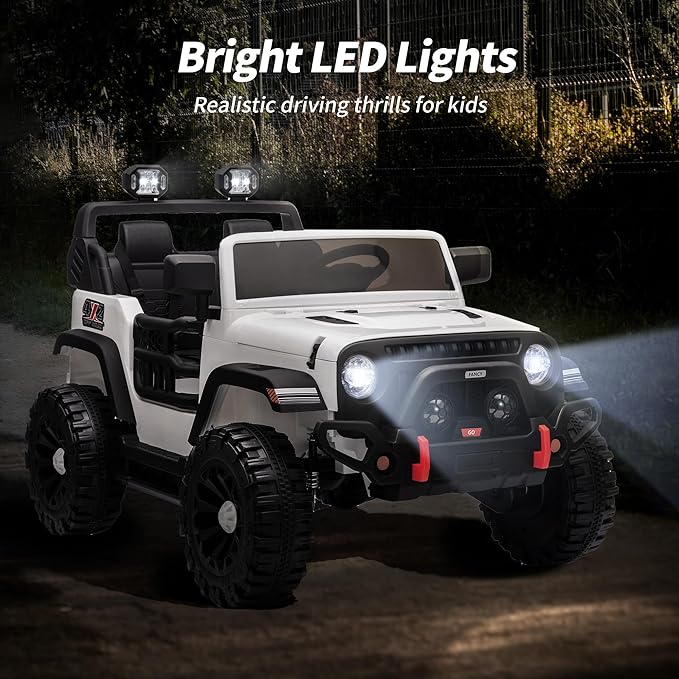 2 Seater Ride on Car Truck, 12V Kids Electric Ride on Toy for Big Kids Age 3-8 w/Remote Control- White-BubblyBeeBaby