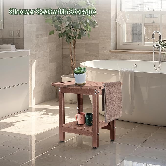 HDPE Shower Bench Seat Capacity 300LB, Waterproof Bathroom Stool with Side Carry Holes, Compact 16.8" L Design, Non-Slip Shower Seat for Elderly, Shaving Legs & Spa - Indoor/Outdoor Use(Brown)-BubblyBeeBaby