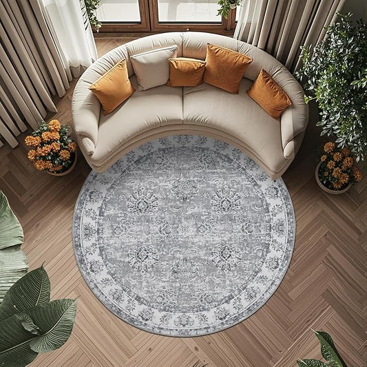 jinchan Round Rug 6ft Area Rug - Grey Vintage Floor Mat Kitchen Indoor Ultra-Thin Soft Floral Print - Washable Circle 6' Retro Accent for Farmhouse Non Slip Dining Room Living Room Bedroom Office-BubblyBeeBaby