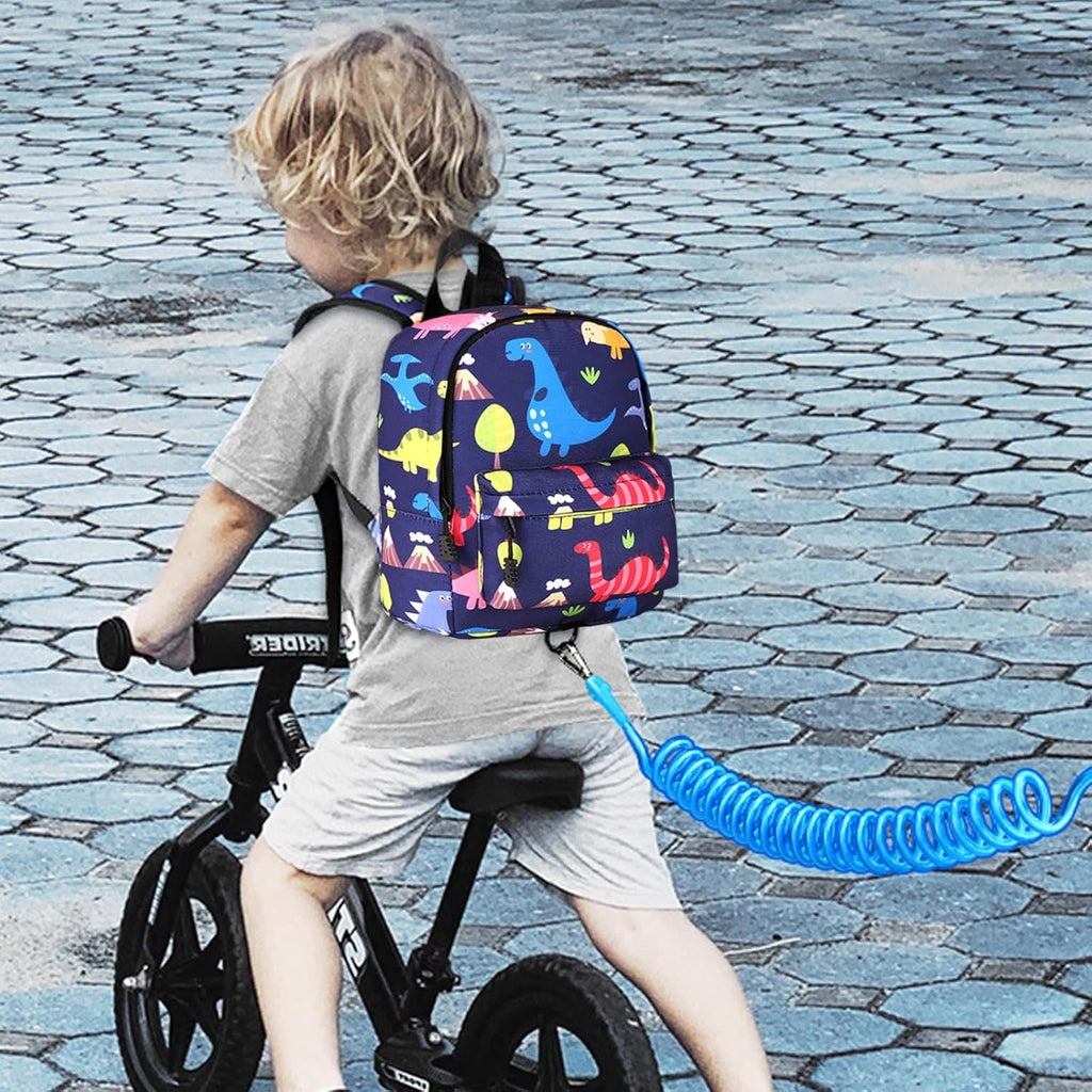 Accmor Toddler Backpack Leash with Anti Lost Wrist Link, Cute Mini Child Walking Harnesses Keep Kids Close Back Pack Rope Tether Rein for Baby Boys (Navy Blue/Dino)