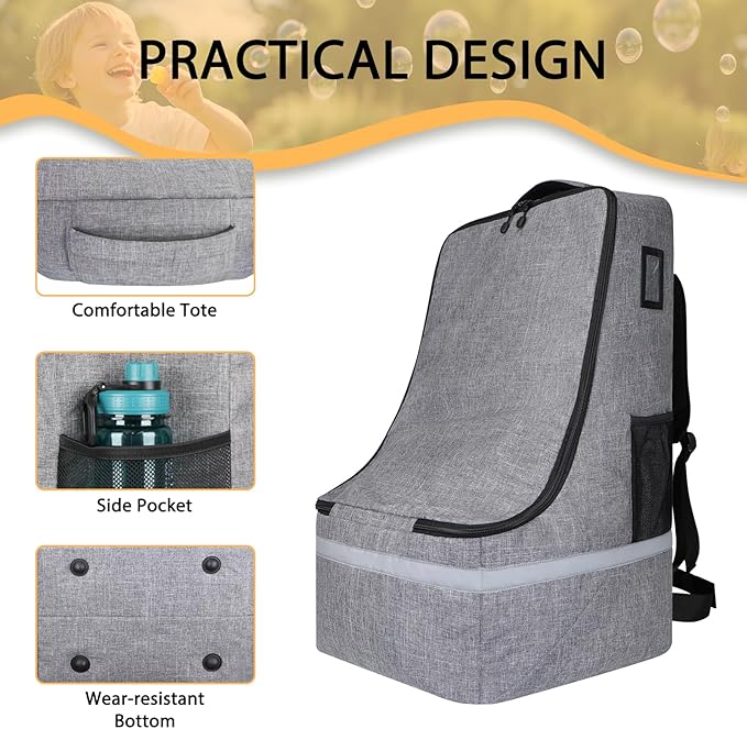 Car Seat Travel Bag for Airplane,Infant Seat Travel Bag with Shoulder Strap,Padded Car Seats Backpack with Reflective Stripes,Large Carseat Carrier Bag Travel Car Seat Cover,Grey-BubblyBeeBaby