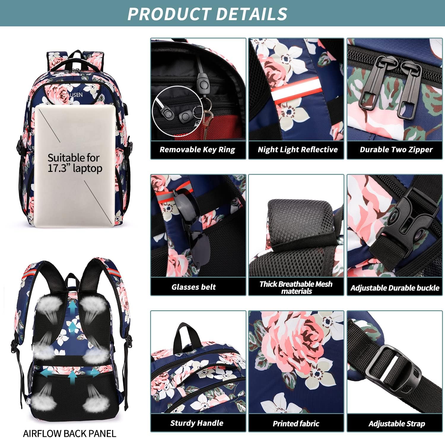 HILUSEN Lunch Cooler Backpack for Women, Extra Large 17 inch Travel Laptop Backpack with USB Charging Port, Water Resistant