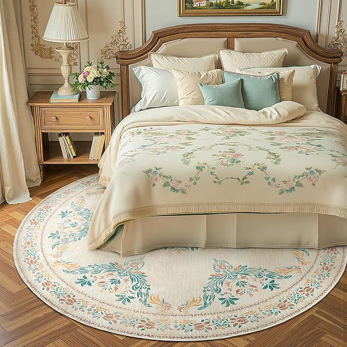 jinchan Round Rug 6ft Area Rugs Vintage Floral Distressed Design,Machine Washable Soft Non-Slip Low-Pile Ultra-Thin Circle Rug for Bedside Living Room Dining Room Bedroom (6' Round, Apricot Multi)-BubblyBeeBaby