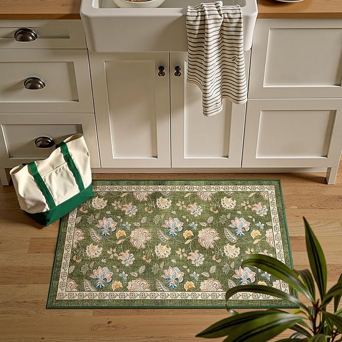 jinchan 2x3 Floral Rug for Entryway Washable Kitchen Rug Vintage Romance Design Small Mat Non Slip Indoor Doormat Lightweight Low-Profile Throw Carpet for Entrance Bathroom Laundry Room, Green-BubblyBeeBaby