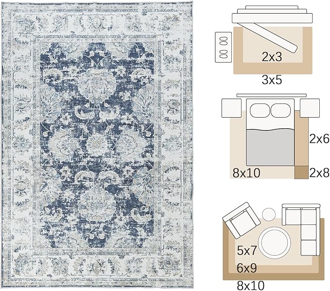 jinchan 4x6 Area Rugs for Bedroom - Machine Washable Distressed Vintage Floral Design Stain Resistant Boho Carpet Ultra-Thin Low Pile Non-Slip Rug for Living Room Dining Room Kitchen (4‘x6',Dark Blue)-BubblyBeeBaby