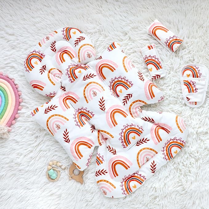 Pea Pod Infant Car Seat Insert with 3 Strap Covers, 3 in 1 Reversible Rainbow Baby Car Seat Head Support for Newborn, 3D Soft Minky Carseat Cushion for Preemie to Infant, Stroller, Swing, Bouncer-BubblyBeeBaby