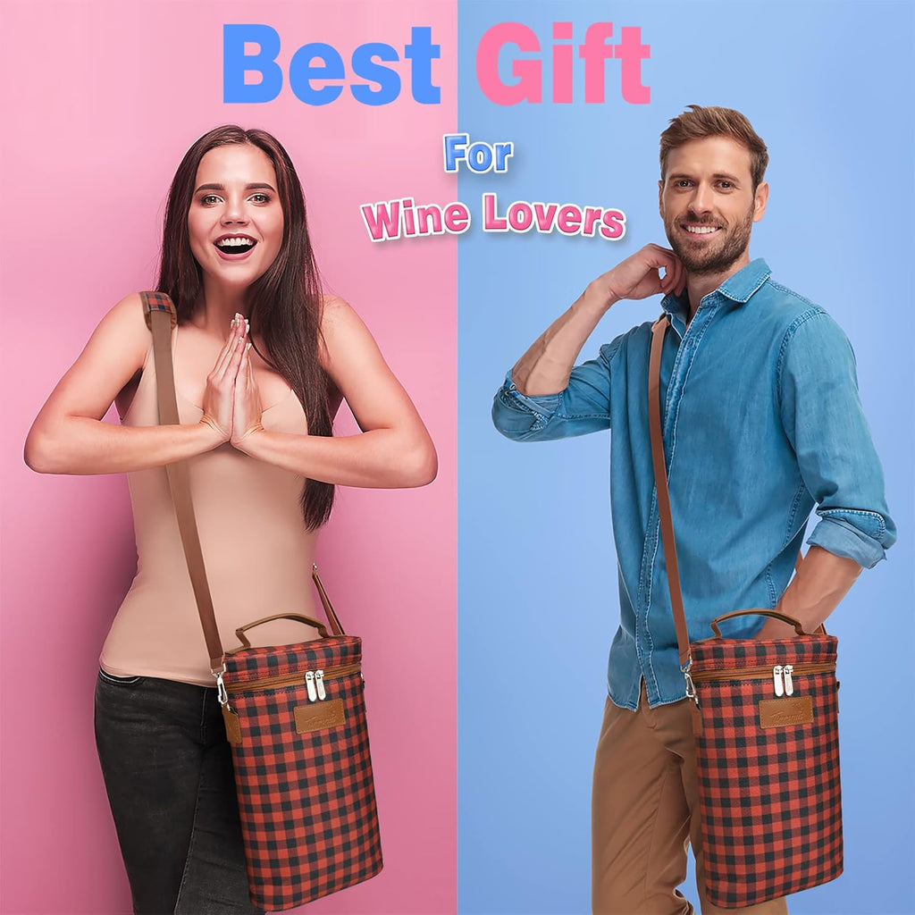 Tirrinia 2 Bottle Wine Gift Tote Carrier - Leakproof & Insulated Padded Versatile Cooler Bag for Travel, BYOB Restaurant, Tasting, Party, Dinner - Gift for Lovers, Red Checker