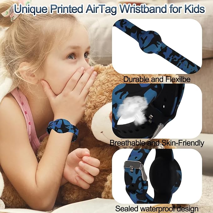 2 Pack Waterproof Bracelet for AirTag Kids, Hidden Printed Wristband for Apple Air Tag, Silicone Holder for AirTag GPS Tracker Case for Band for Child Toddler, Secure Anti-Lost Protection(Camouflage)-BubblyBeeBaby