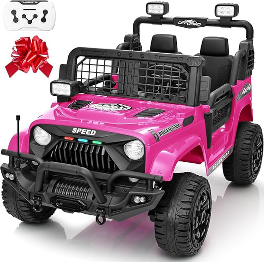 2 Seater Ride On Car Truck with Remote Control XL, Kids 24V Battery Powered Electric Vihicle w/21 in Seat, 3 Speeds, 2WD/4WD Switichable, Shock Absorbers,Bluetooth, Flower, Gift Choice-BubblyBeeBaby