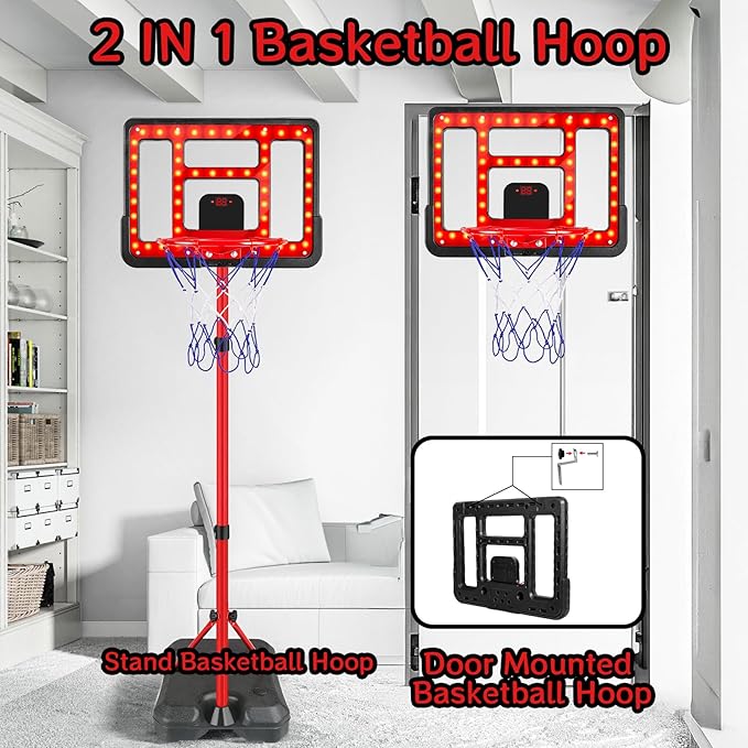 Kids Basketball Hoop Adjustable Height 3.5FT-6.2FT, Indoor Outdoor Toddler Basketball Hoop with LED Scoreboard, Boys Basketball Toy for 3 4 5 6 7 8 Years Gift, Portable Basketball Goals Sport Game-BubblyBeeBaby