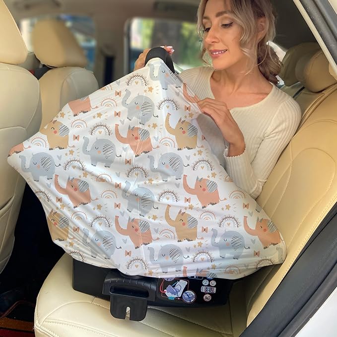 Breathable Car Seat Cover for Babies – Multi-Purpose Soft Rayon Nursing Cover for Breastfeeding, High Stretchy Infant Carseat Canopy, Stroller Cover (Smooth Rayon, Cute Elephant)-BubblyBeeBaby