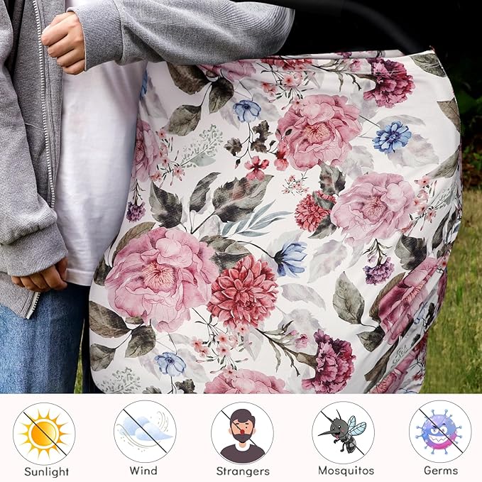 Nursing Cover Breastfeeding, Multi-use Baby CarSeat Cover Girls, Infant Stroller Car Seat Cover, Stretchy Carseat Canopy, Soft Breathable, Peony-BubblyBeeBaby