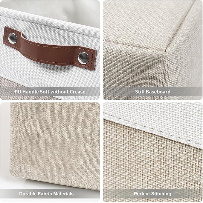13x13 Cube Storage Bins, Collapsible Fabric Storage Box, 4 Pack Closet Baskets with Handles for Organizing, Shelf, Toys, Clothes, Home, Office, Nursery (Beige&White)-BubblyBeeBaby