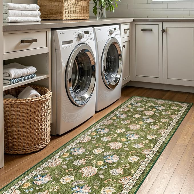 jinchan 3x8 Floral Runner Rug for Hallway Washable Kitchen Runner Vintage Romance Design Non Slip Thin Indoor Floor Cover Low-Profile Throw Carpet for Entryway Bathroom Bedroom Porch, Green-BubblyBeeBaby