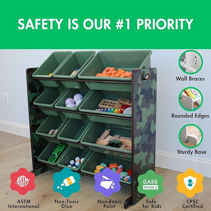 Humble Crew Kids Toy Storage Organizer with 12 Plastic Bins, Camo – Removable Bins for Playroom, Bedroom, Toddler Furniture for Boys and Girls Ages-BubblyBeeBaby